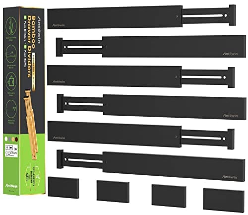 ANTOWIN Lot de 6 séparateurs de tiroir extensibles en bambou, 43,2 à 55,9 cm, organiseur à ressort réglable pour grands ustensiles, vêtements, outils (noir)