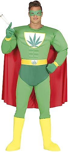 FIESTAS GUIRCA Weed Mann JGA Männer Kostüm – Marihuana Junggesellenabschied Männer Outfit, Lustiges Superhelden Gras Kostüm – Karneval Weed Kostüm Herren – Lustiges Herren Kostüm Größe S 46-48