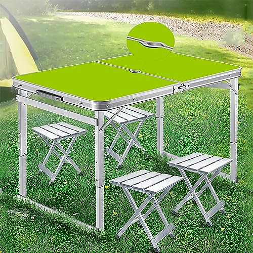 Table de pique-nique pliante, table de camping portable, table de camping en aluminium avec trou pour parasol, avec 4 tabourets en aluminium, hauteur réglable pour camping en plein air barbecue ( Colo