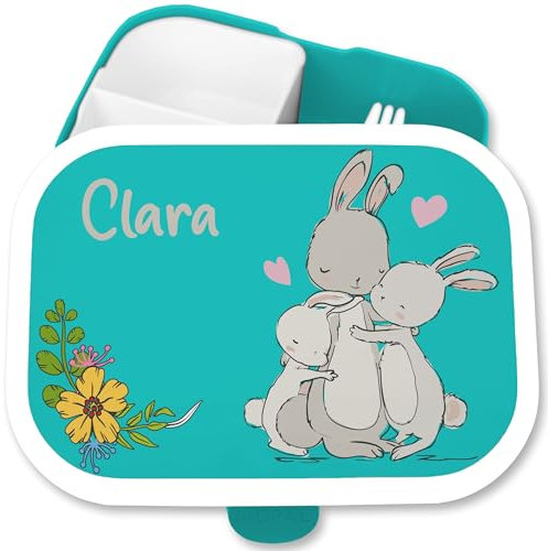Brotdose Kinder Campus für Mepal - Hasenfamilie Hase Hasen Rabbit - 750 ml - Türkis - brotzeitbox kindergarten personalisierte bunny brotzeitdose mädchen brotdosen hasenmotiv vesperdose name