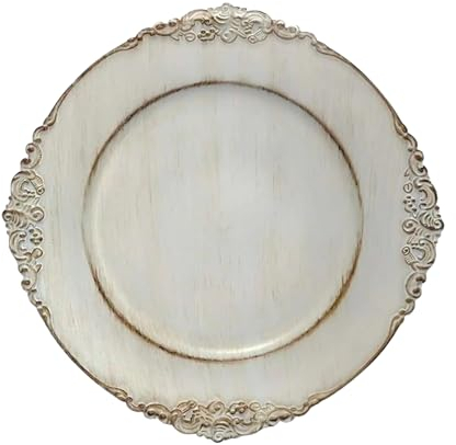 MYEventProducts 24 Pack | 13 inch Antique White Charger Plates | Fancy Charger Plates for Wedding Reception| Heavy Duty Plastic, Durable & Sturdy Chargers for Dinner Plates | Party Supplies (GREY)