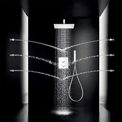 Duschsystem, verdecktes Badezimmer-Duschset mit Handbrausesystem, Thermostat, 3-Funktions-Duschkopf, Duschmassage, 6 Seitenbrause in der Wand, druckbeaufschlagter Ortsbrause von Oben, schön