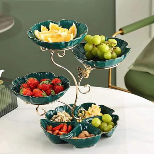 JUNYFFF Frutero 4 Pisos, Fruteros De Cocina Modernos, Frutero De Cerámica Cesta De Frutas De 4 Niveles con Soporte Metálico para Decoración De Cocina, Verduras, Frutas, Aperitivo,Verde