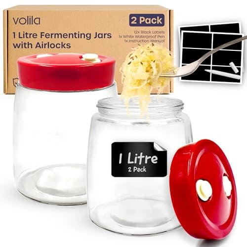 Bocal Fermentation – Bocaux en Verre de 1L avec Sas, Étiquettes Étanches et Stylo – Paquet de 2 Bocal en Verre avec Couvercle Fermentation avec Évent à 1 Voie pour Kimchi, de Kombucha, & Levain