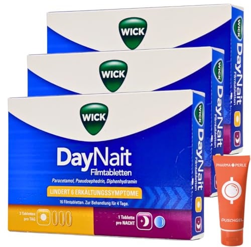 Wick DayNait Erkältungsmittel gegen Fieber, Kopfschmerzen, verstopfte Nase, laufende Nase, Gliederschmerzen I Sparset mit give-away von Pharma Perle (3 x 16 St.)