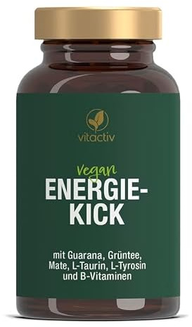 VITACTIV Energie-Kick mit 100 mg natürlichem Koffein, vegan, 90 Kapseln | Alternative zu Kaffee und Energy-Drinks, mit Guarana, Mate und Grüntee, plus L-Tyrosin und L-Taurin, zuckerfrei