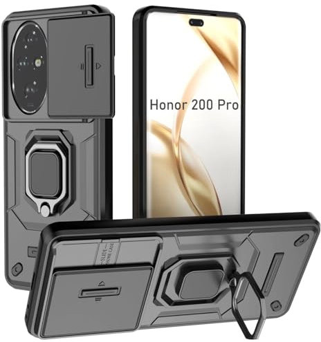 DERHAN Coque pour Honor 200 Pro, Housse avec Couvercle de Caméra Coulissant, Coque Antichoc avec Support en Anneau - Noir