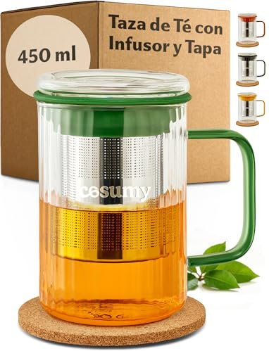 Cosumy Tea Mug with Infuser & Lid 450ml - Heat Resistant Borosilicate Glass with Colourful Handles & Stainless Steel Strainer - Non-Slip Cork Coaster