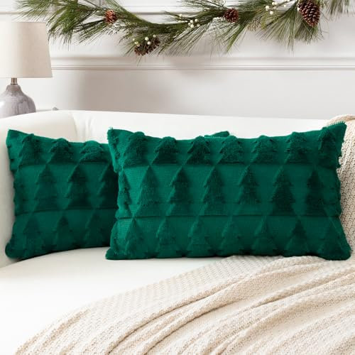 Artscope 2er Set Wolle Kissenbezüge Weicher Plüsch Kurzer Wollsamt Dekokissenbezuge Sofakissen Europäische Kissenhülle für Sofa Schlafzimmer Weihnachtsbaum Grün, 40x60cm