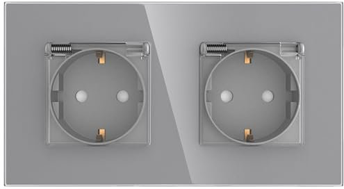 PULSAR Doppel-Steckdose Unterputz Grau Glas - mit Deckel und gehärtetem Glasrahmen - Wandsteckdose 2-Fach mit Klappdeckel 230V 16A für Feuchtraum