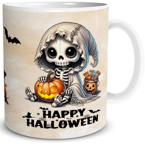TRIOSK Tasse Halloween Spruch mit Geister Skelett Naschgeist Party Deko Geschenk lustig für Frauen Freundin Kinder Gäste Halloweenfans, Keramik 300ml