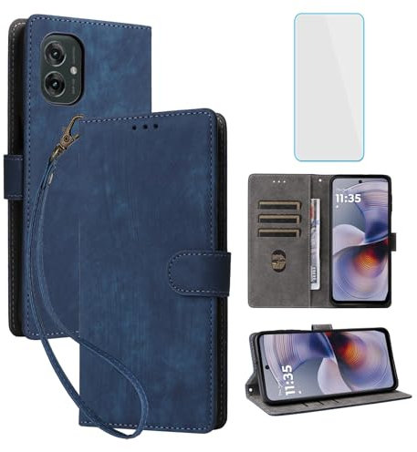 IUQXU for Motorola Moto G55 5G Wallet Phone Case with Screen Protector [RFID Blocking] Leather Flip Card Holder Kickstand Strap Women Men Cell Phone Case for Motorola G55 G 55 MotoG55 5G Blue