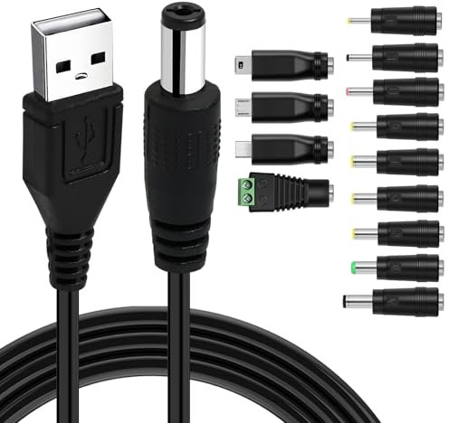 QTMMC 5V USB to DC Power Cable USB2.0 to DC 5.5mmx2.1mm Charging Cable with 13 Connector Plug Adapters Interchageable Connectors for Laptops Speakers Router Keyboard 1M / 3.3 FT