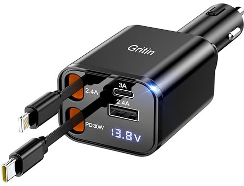 Gritin Retráctil Cargador Coche, 69W PD 3.0 Adaptador Cargador Mechero Rápido, 4 en 1 Car Charger con 80cm Retráctil Cable y 2 Puertos USB Compatible iPhone 16/15/14/13/12/11/iPad/Galaxy/Android