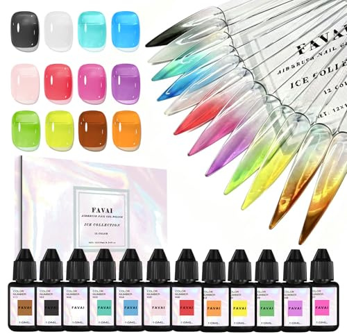 FAVAI 12 Farben Airbrush Gel Nagellack Baby Boomer, Ice Collection (#I), halbtransparent Eis-Effekt, kein Verdünnen, acetonfrei, UV Gel Set für French Nails, Ombre, Anfänger DIY Nageldesign