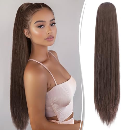 RUWISS Lang Glattes Pferdeschwanz Haarteil - 70 cm Kordelzug Clip Pferdeschwanz Haarverlängerungen Synthetik Zopf Haar Extension für Damen Tägliche (Mittelbraun)