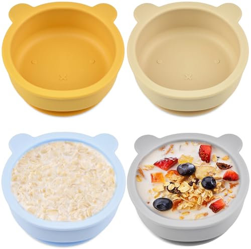 4 Stück Silikon Baby Schüssel mit Saugnapf, 113x125x54mm Baby Rutschfest Breischale, Kleinkinder Futter Entwöhnungsschale Anti-Fall BPA-frei für Spülmaschine Mikrowelle (Blau Gelb Weiß Grau)