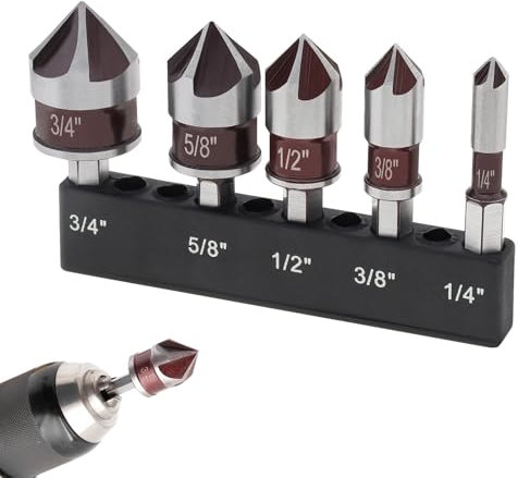 5 Pezzi Svasatore per Legno Set, Svasatura a 82°, Acciaio per Cuscinetti, Attacco Esagonale da 1/4 in, Tagliente a 5 Lame, per Forare Rame, Alluminio, Legno, Plastica (Rosso, argento)