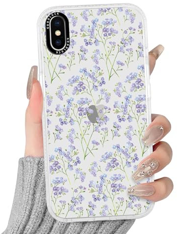 Phoona Transparent Purple Flowers Phone Case for iPhone X/XS 5.8,with Floral Aesthetics Pattern Design Soft Silicone Clear Cases,Shockproof Bumper Protector Girls Women Cover,for iPhone X