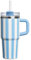 Vaso para niños de 14 oz/413 ml con mango y paja, vaso para niños con tapa y paja, vaso infantil de acero inoxidable 304, deportes escolares al aire libre (rayas azules)