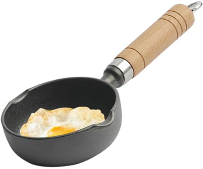 Mini Cast Iron Skillet - Deepened Solid Cast Iron Frying Pan with Wood Handle, Hangable Cookie Skillet with Double Drip-Spouts for Indoor and Outdoor - 11cm