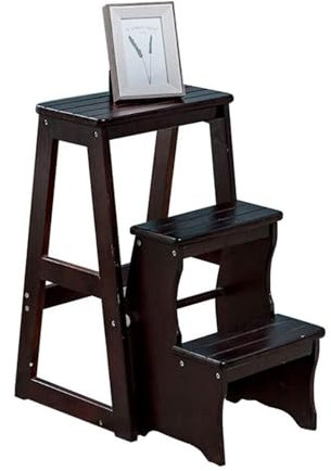 Step Stool 3-Step Black Wooden Foldable Ladder - Dual-Use Safety & Shelving Bench for Home Loft Library