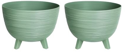 Planters Pride 2-Pack Futura 40cm Ribbed Plant Pots, Earth Green | 26L Raised Flower Bowls on Legs Plastic Outdoor/Indoor Planters, Houseplant Pots | Weather-Resistant 32cm Tall Decorative Planters