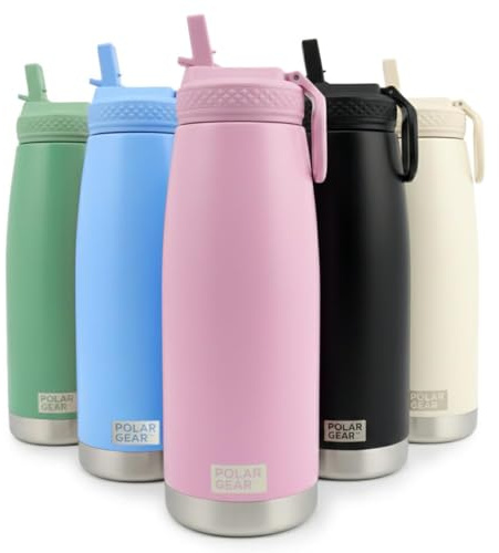 Polar Gear 930ml Insulated Water Bottle - Metal Water Bottle with Straw | Double wall vacuum insulated, Leakproof screw lid, Flip-up straw, BPA free, Carry handle, Keeps drinks cold 24h