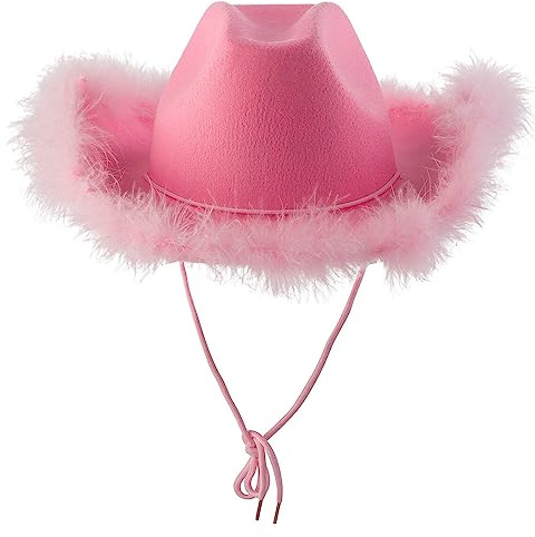 Chapeau Cowboy Rose Chapeau Cowboy pour Femme avec Plume Duveteux Couleur Unie Bordure en Fourrure à Large Bord Couvre-Chef Rose Hats Western De Cowboys pour Célibataire Costume Party Jouer Habiller