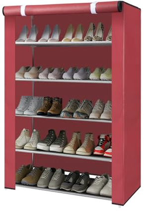 TerraNook Shoe Cabinets Shoe Rack with Dustproof Cover, 4/5/6/8 Tier Shoe Cupboard Storage Organiser, Non-Woven Fabric & Metal Frame, for Hallway Porch Living Room (Red, 6 tier)