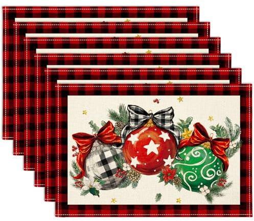 Sungeek Weihnachten Tischsets Abwaschbar 6er Set, Polyester Leinen Platzsets 30x45cm, Weihnachten Tischuntersetzer Platzdeckchen für Küche Speisetisch Hotel Weihnachtstischdeko (Christbaumkugel)
