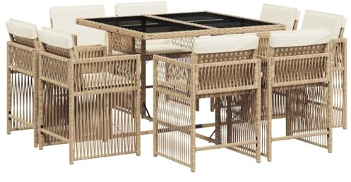vidaXL Garten Essgruppe 9-TLG., Gartenmöbel Set Tisch mit 8 Stühle, Gartengarnitur mit Kissen, Sitzgruppe Essgarnitur Terrasse, Beige Poly Rattan