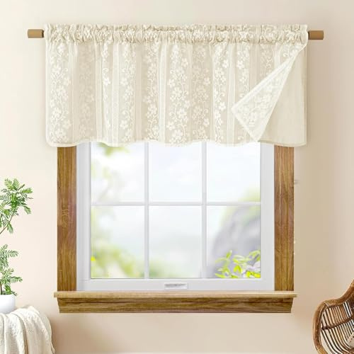Alishomtll Scheibengardinen Beige, Modern Kurz Bistrogardine 120Bx45H cm | Doppellagig Küchengardinen mit Leinen und Spitze, Landhausstil Fenstergardinen, Kurzgardine für Küche Fenster Wohnzimmer