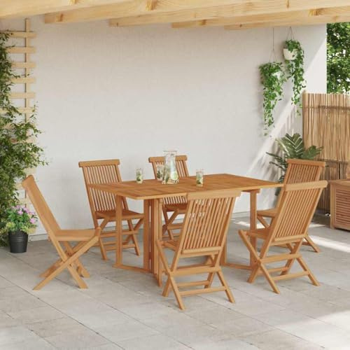 Runheo Garten Essgruppe 7-teilig, Braun Massivholz Teak, 150x90x75 cm, rechteckiger Esstisch mit 6 Stühlen, wetterfest für Terrasse, Balkon, Garten
