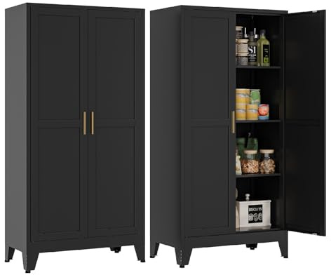 Mehrzweckschrank 70 cm Breit, Küchenschrank mit 2 Türen, Verstellbarer 4-Stufiger Metallschrank, Vorratsschrank, Allzweckschrank, für Küche, Esszimmer, Wohnzimmer und Homeoffice-Schwarz-C