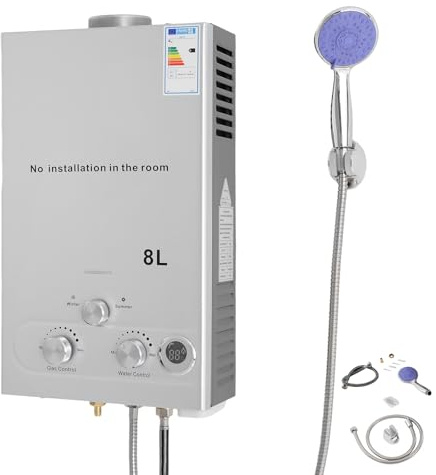ROGONPDK 8L/12L/16L scaldabagno montato a parete, scaldabagno con funzionamento GPL e soffione doccia, scaldabagno, scaldacqua a gas, per campeggi e camper (8L)