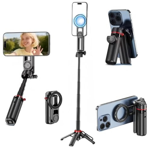 Mini Magnetic Selfie Stick Tripod,18.2 Extendable Phone Mount for MagSafe, 360°Rotation Travel Stand with Rechargeable Remote&Hand Grip Mode, Compatible with iPhone&Android,Video Recording