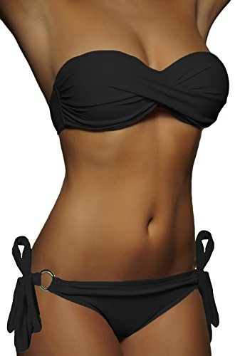 ALZORA Push Up Bandeau Bikini Set Damen Ringe Pushup Badeanzug Auswahl, 10227 (M, Schwarz)