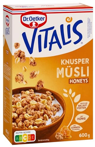Dr. Oetker Vitalis Knuspermüsli Honeys, 5er Pack Müsli mit Honig | Knuspriges Honig-Müsli mit Weizenpops und Vollkornhafer, Frühstücksmüsli mit extra Crunch
