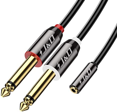 J&D 3,5 mm à 2 x 6,35 mm Câble, Plaqué Or Coquille de Cuivre Heavy Duty 3,5mm (1/8 Pouce) Femelle TRS à 2X 6,35mm (1/4 Pouce) Mâle TS Câble Audio Stéréo, Amplificateurs, 1.8 Meter