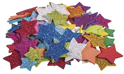 Rayher 30231000 Moosgummi Sterne Glitter, 2 + 3 cm ø, 100 Stück, selbstklebend, Farben gemischt, Glitter Schaumstoff Sticker, Moosgummi-Aufkleber Stern, zum Dekorieren, Bunt