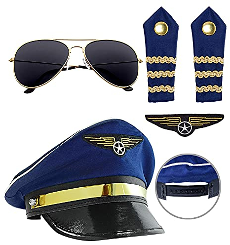 W WIDMANN MILANO Party Fashion - Verkleidungsset Pilot, Mütze, Brille, Epauletten, Abzeichen, Karneval, Mottoparty