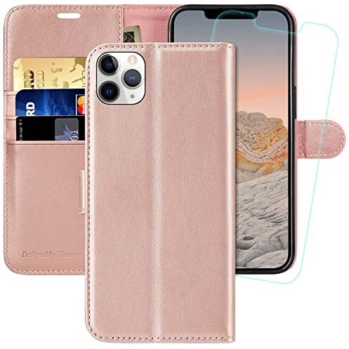 MONASAY iPhone 11 Pro MAX Wallet Case,6.5-inch, [Glass Screen Protector Included][RFID Blocking] Flip Folio Leather Cell Phone Cover with Credit Card Holder for iPhone 11 pro MAX,Rose Gold