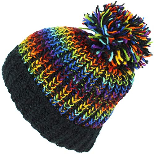 LOUDelephant Wolle Gestrickte Beanie-Mütze Pudelmütze - Schwarz Regenbogen, One Size