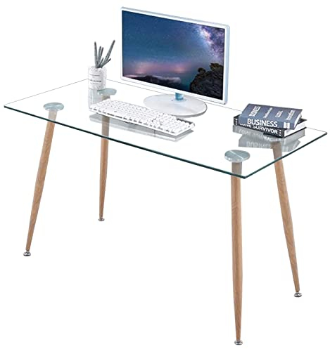 GOLDFAN Schreibtisch Glas Bürotisch Computertisch Arbeitstisch Eckschreibtisch Rechteckiger Tisch mit Metallbei