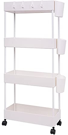 BOMKEE 4-stöckiger Aufbewahrungswagen mit ausziehbarem Rollwagen, mobiles Regal, Trolley, Organizer, Rollwagen auf Rädern, für Küche, Badezimmer, Waschküche, Büro (weiß)