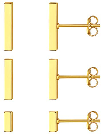3 Juego de Joyería de Mujeres Pendientes Minimalistas Acero Inoxidable 316L de Oro 18k Palos Delgados 5mm 10mm 12mm Aretes Dorados de Madres Hijas