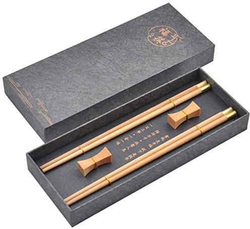 Palillos de madera reutilizables con funda, juego de palillos chinos con soporte, 2 pares (Ruta)