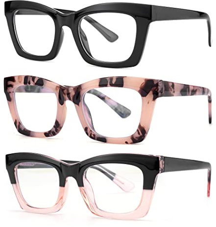bullabulling Oprah Style Spring Ring Reader, Blue, Computer Blocking Square Reading Glasses for Men and Women, Pack of 3, Black / turtle / black / pink, 150