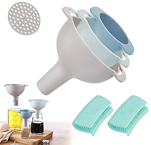 STCRERAG Kitchen Funnel Set - 4 in 1 Plastic Funnels with Handle, Hygienic with Detachable Strainer Filter for Filling Bottles, Liquid, Dry Ingredients and Powder